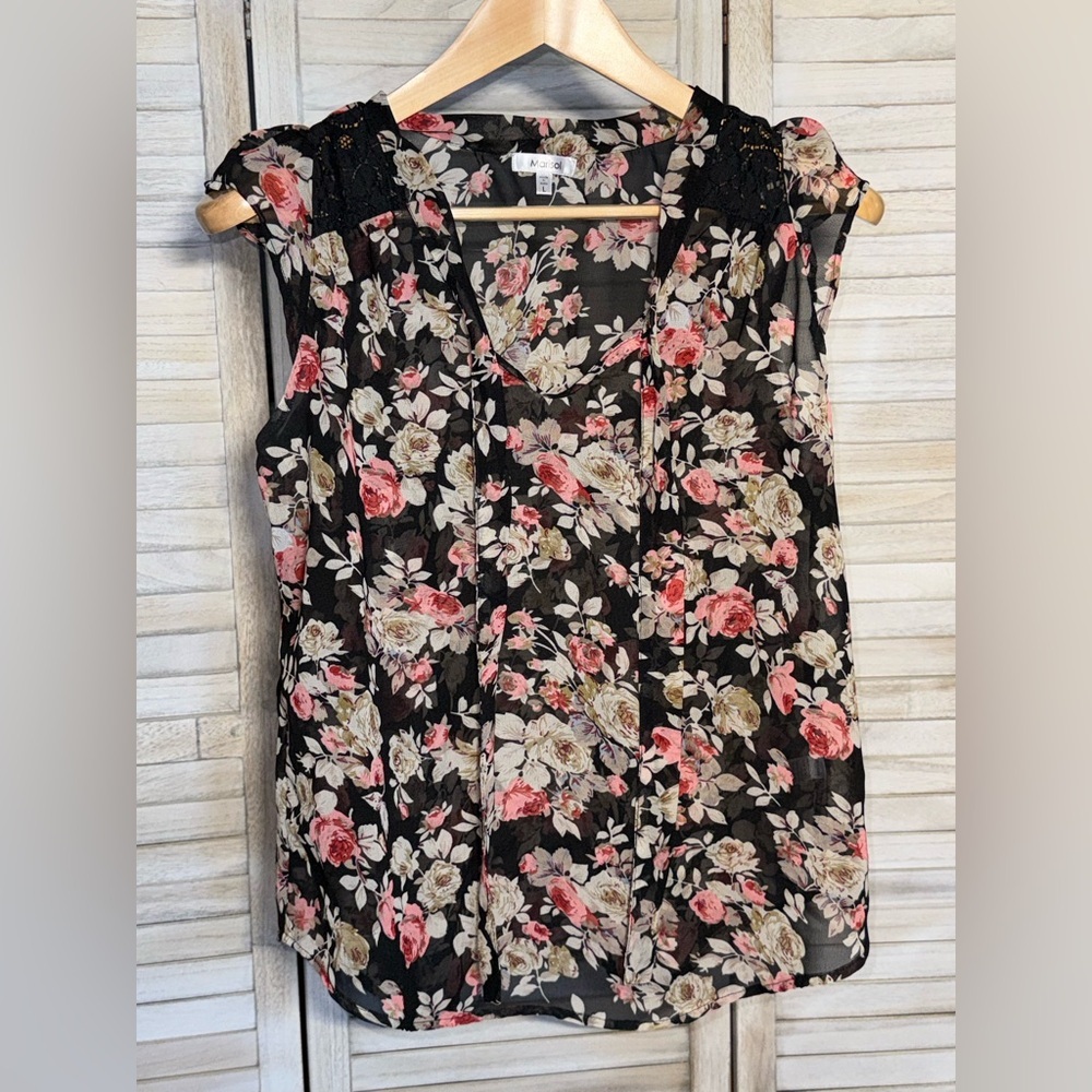 EUC Chic Floral V-Neck Sheer Blouse - Black and Pink